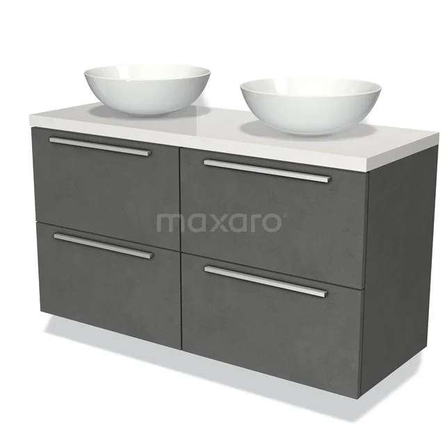 Modulo Plato Vanity units for countertop basin | 120 cm Dark grey concrete Flat front High-gloss white worktop 4 drawers BMK18-00519