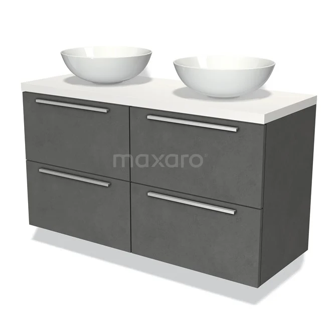 Grau Badmöbel mit doppelten Aufsatzwaschbecken, modernem Design, vier Schubladen und metallischen Haltegriffen.