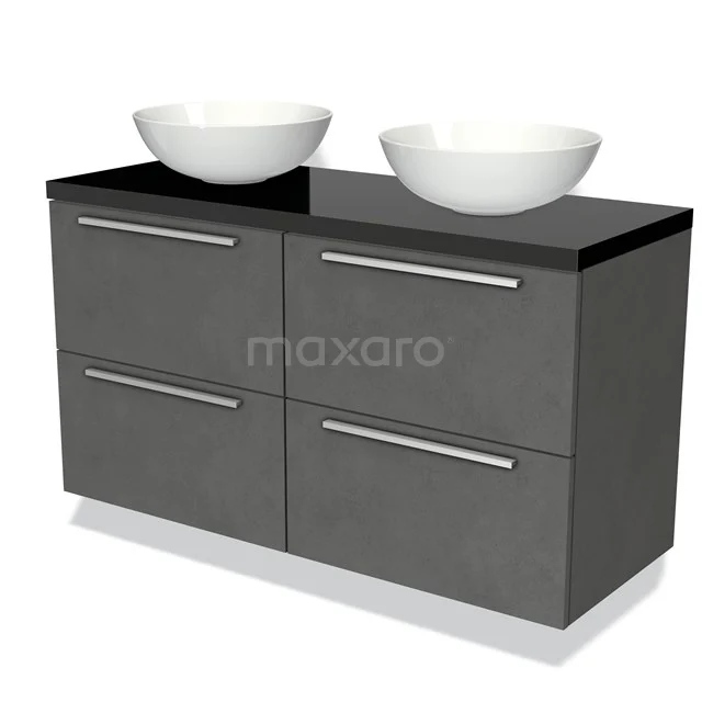 Modulo Plato Vanity units for countertop basin | 120 cm Dark grey concrete Flat front High-gloss black worktop 4 drawers BMK18-00522