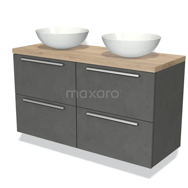 Badmöbel für Aufsatzwaschbecken 120cm Modulo Plato Dunkelgrauer Beton 4 Schubladen Flach Hellbraune Eiche Platte BMK18-00525 Graue Badmöbelset mit Holzplatte, Doppelwaschbecken und modernem Design; ideal für eine stilvolle Badezimmeranordnung.