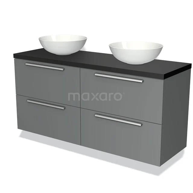 Graue Badmöbelset mit schwarzer Platte und weißen Waschbecken, modernes Design und vier Schubladen für optimalen Stauraum.