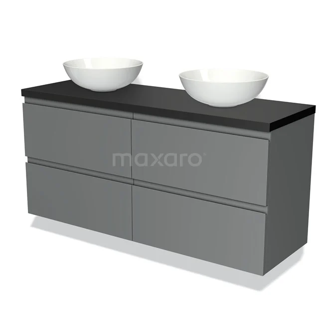 Grey double vanity base unit with black top and two white countertop wash basins, perfect for a modern bathroom design.