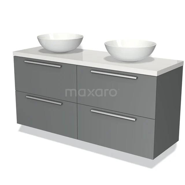Grijze dubbele wastafelmeubel met witte waskommen, modern design, ideaal voor badkamer renovatie.