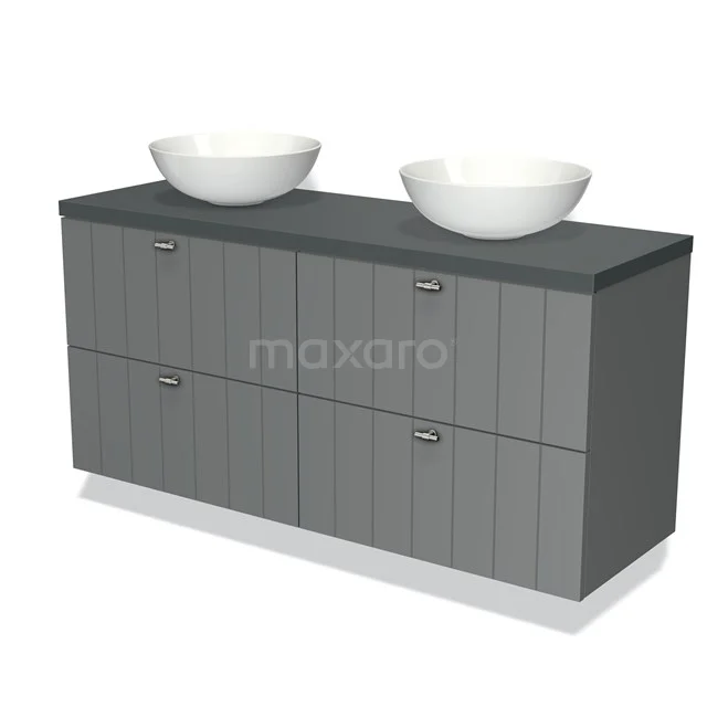 Grijze houten badkamermeubelset met twee opzetwastafels, zwarte blad en verticale lijnen voor een moderne en strakke badkamerstijl.