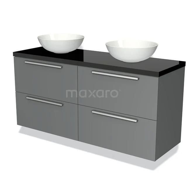 Badmöbel für Waschtischunterschrank mit Konsole 140cm Modulo Plato Mittelgrau 4 Schubladen Flach Hochglanz Schwarz Platte BMK18-00581 Grauer Badschrank mit schwarzer Glasplatte, doppelten weißen Aufsatzwaschbecken, modernes Design, ideal für stilvolle Badezimmerlagerung.