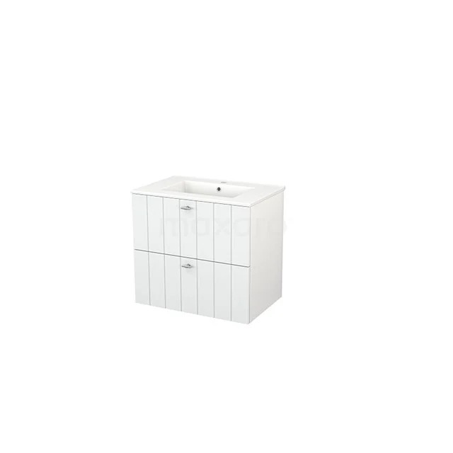 White bathroom unit with two drawers, vertical lines, ceramic basin, compact design, ideal for modern bathroom arrangement.