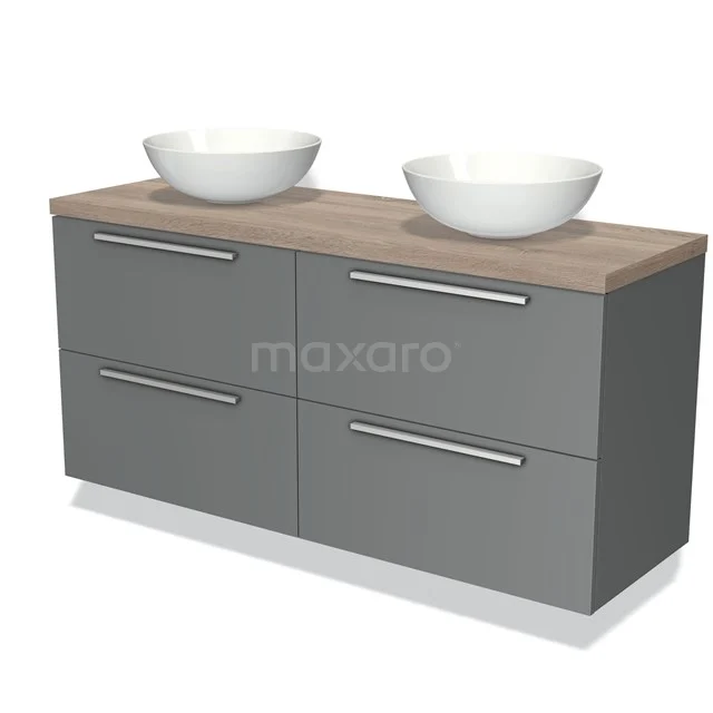 Grey bathroom furniture set with two white countertop wash basins, wooden worktop and modern handles, ideal for a stylish bathroom.