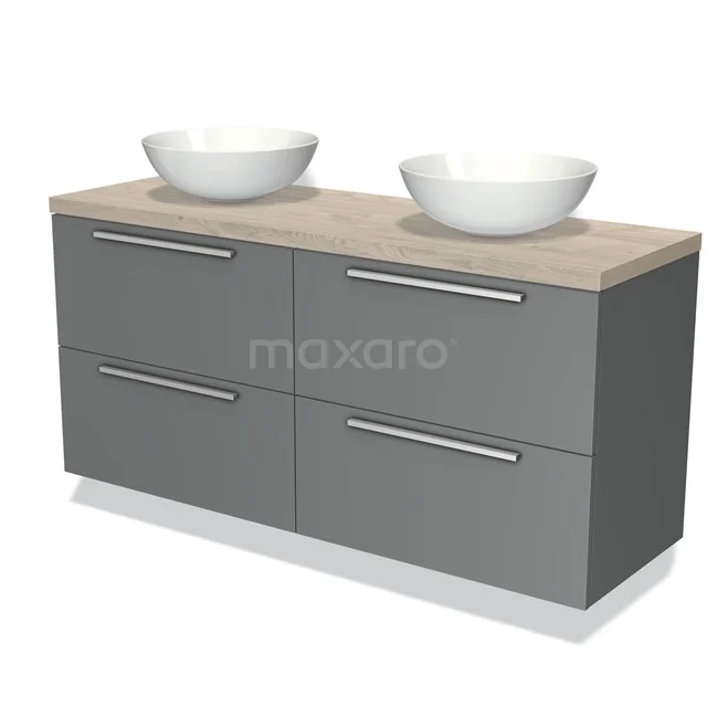 Grijze badkamermeubelset met houtlook blad, vier lades en twee witte waskommen, ideaal voor een moderne badkamerstijl.