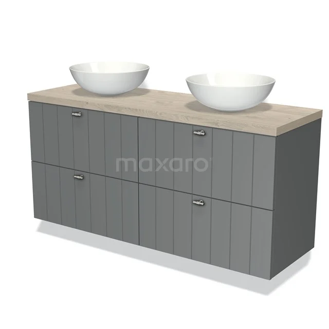 Grijs badkamermeubel met ribbelstructuur, houten blad en twee witte waskommen; stijlvol en modern design.
