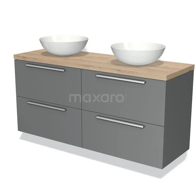Grey bathroom furniture set with wooden worktop, double countertop wash basins and four drawers, modern design.