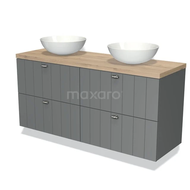 Grijze badmeubelset met houtlook blad, twee waskommen en verticale lijnen, ideaal voor een moderne badkamerinrichting.
