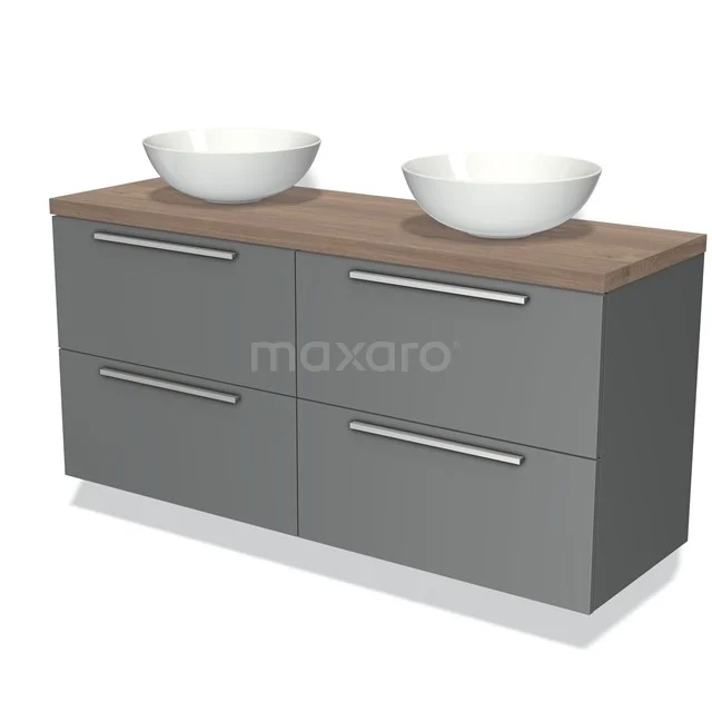Grijze badkamermeubelset met dubbele wastafelkom, houten blad en metalen handgrepen, modern design.