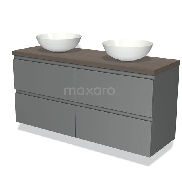 Modulo Plato Vanity units for countertop basin | 140 cm Mid grey Handle-less front Dark brown oak worktop 4 drawers BMK18-00598 Grey double bathroom furniture set with wooden worktop and ceramic countertop wash basins, modern design with spacious drawers.
