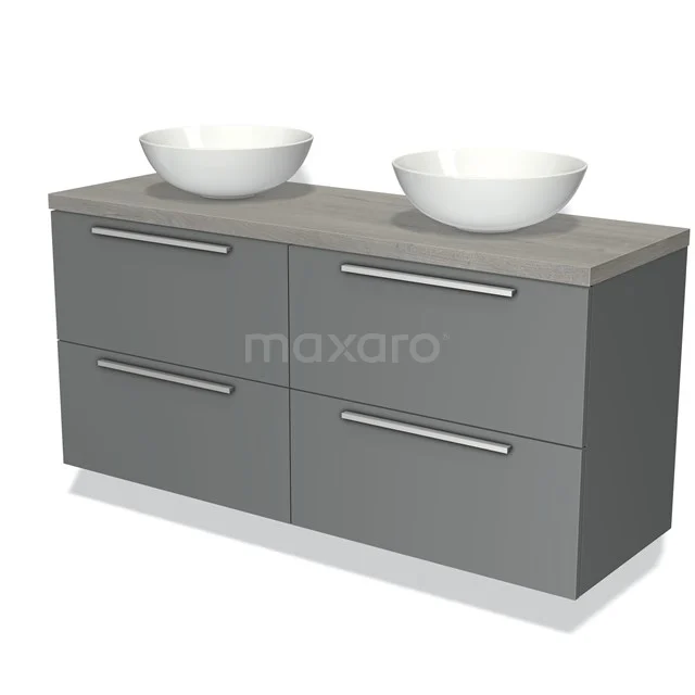Grey bathroom furniture set with double countertop wash basins, modern look, soft-close drawers and a wood-look table top.