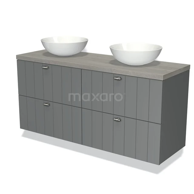 Grijze badkamermeubelset met dubbele wastafel, verticale groeven en een houtlook blad, ideaal voor moderne badkamers.