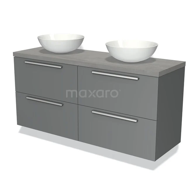 Grey bathroom furniture set with two round countertop wash basins, sleek drawers and chrome handles, modern design.