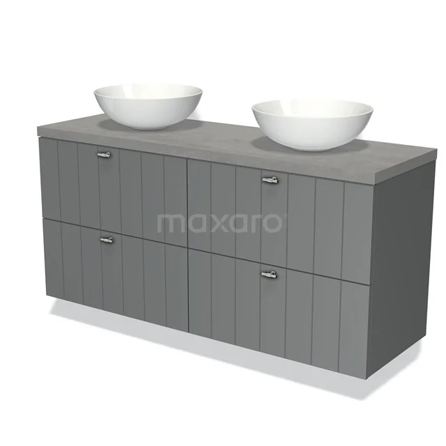 Grijze dubbele wastafelmeubel met verticale lijnen en twee witte, ronde waskommen; modern badkamerdesign.