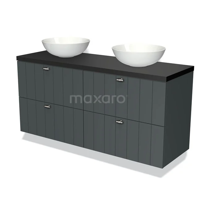 Donkergrijs badkamermeubel met houtnerf, dubbele design waskommen en zwart blad, modern en stijlvol voor elke badkamer.