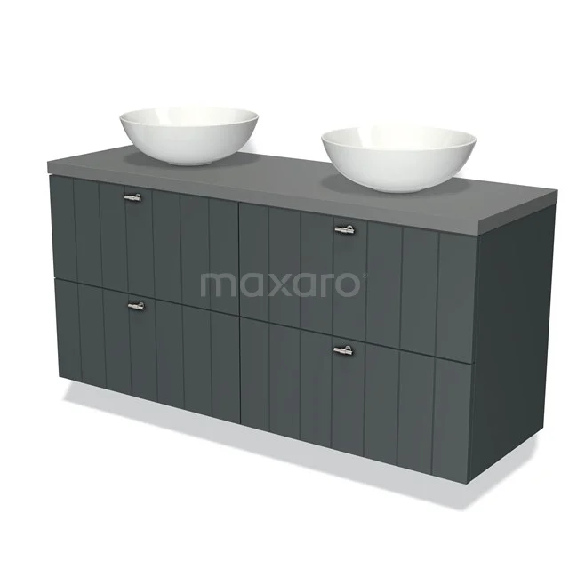 Grey bathroom unit with double countertop wash basin, matte finish and modern horizontal lines for a stylish bathroom design.