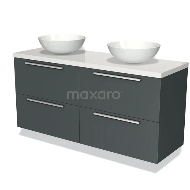 Donkergrijze badkamermeubelset met dubbele wastafel, wit keramiek, vier lades en strak modern design.