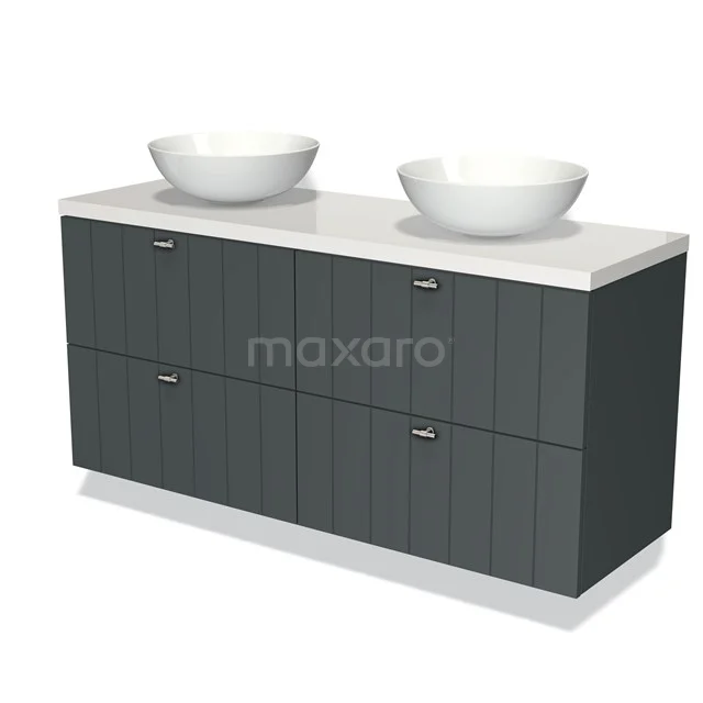 Modulo Plato Badmöbel mit Aufsatzwaschbecken | 140 cm Dunkelgrau Lamelle front Hochglanz Weiß blatt 4 Schubladen BMK18-00693 Moderne dunkle graue Badmöbelset mit Doppelwaschbecken, minimalistisches Design, geeignet für ein stilvolles Badezimmer.