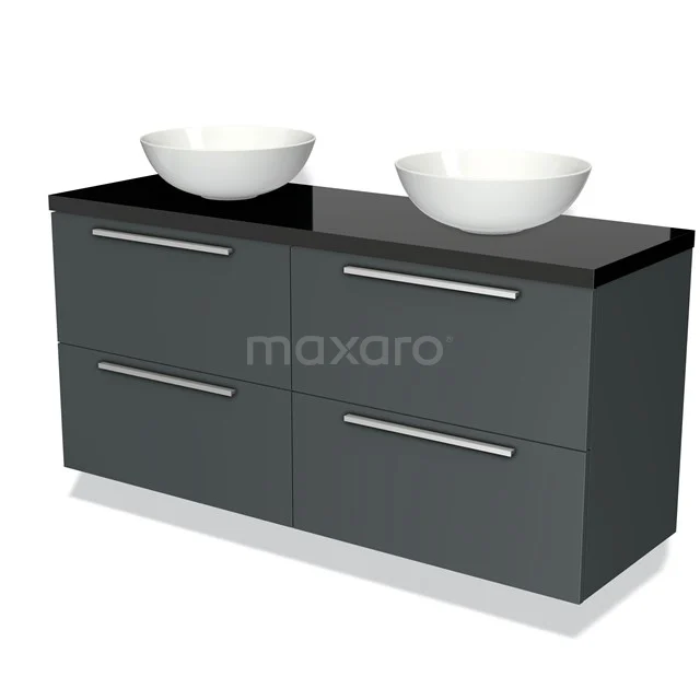 Dark grey bathroom furniture set with two white basins, black glass worktop and four drawers with black metal handles.