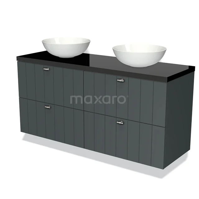 Grijze dubbele wastafelmeubel met zwarte glazen blad, witte ovalen waskommen en moderne rvs handgrepen, perfect voor de badkamer.