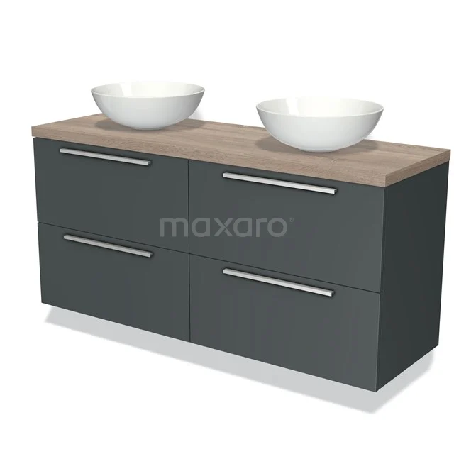 Grijze badkamermeubelset met houten blad en twee witte wastafels, vier lades met metalen grepen voor stijlvolle badkameropslag.