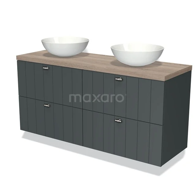 Grijze houten badkamermeubel met dubbele waskom en houtlook blad, modern design voor stijlvolle badkamer inrichting.