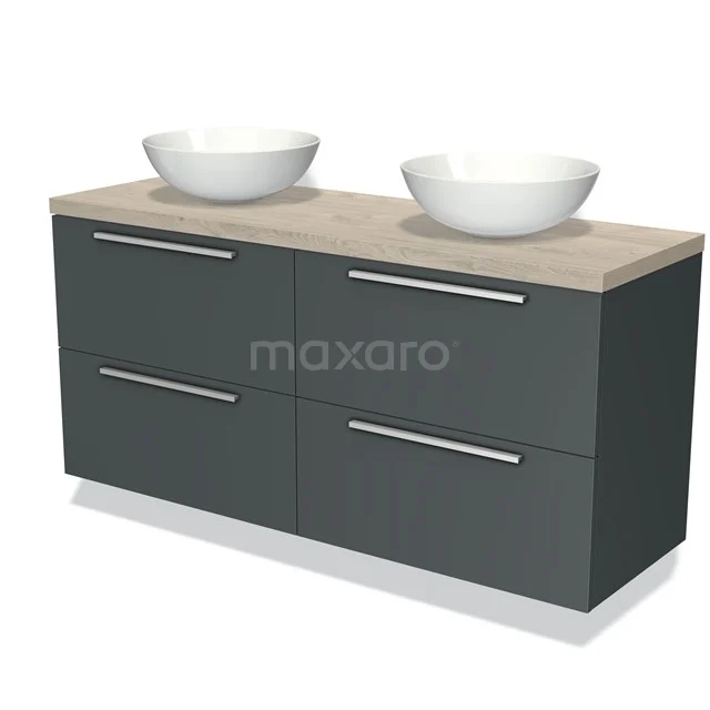 Donkergrijze badkamermeubelset met houten blad en dubbele wastafel, modern design en ruime lades voor praktische opslag.