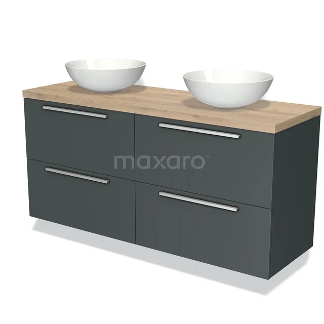 Dark grey bathroom furniture set with wood-look worktop, double white countertop wash basins and modern chrome handles.