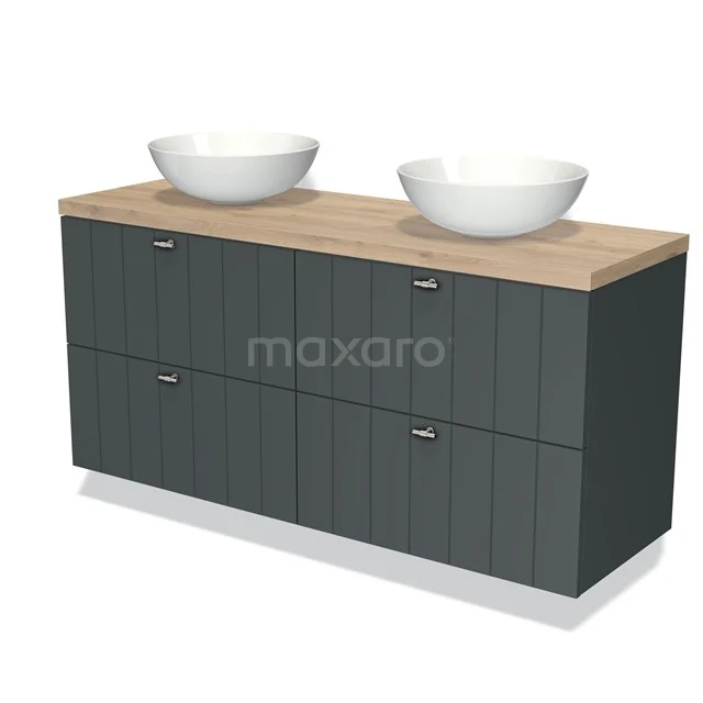 Donkergrijze houten badkamermeubel met eikenhouten blad en dubbele witte waskommen, perfect voor een moderne badkamer.