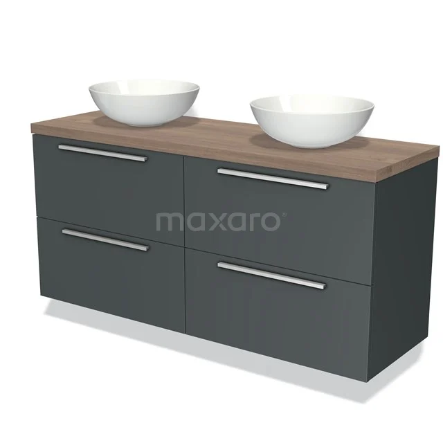 Grauer Badschrank mit Holzlook Platte, doppelten Aufsatzwaschbecken und metallischen Haltegriffen, ideal für moderne Badezimmergestaltung.