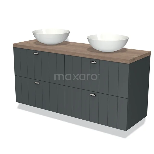 Donkergrijze badkamermeubelset met houtlook blad, dubbele witte waskommen en vier lades, modern design.