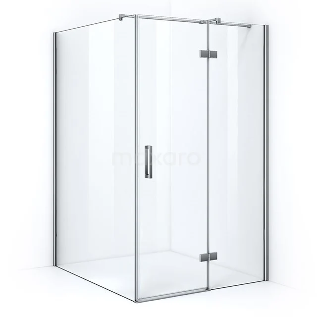 Eck-Duschkabine mit Glastüren, Chromakzenten und modernem Finish; ideale Badezimmerlösung für ein elegantes Erscheinungsbild.