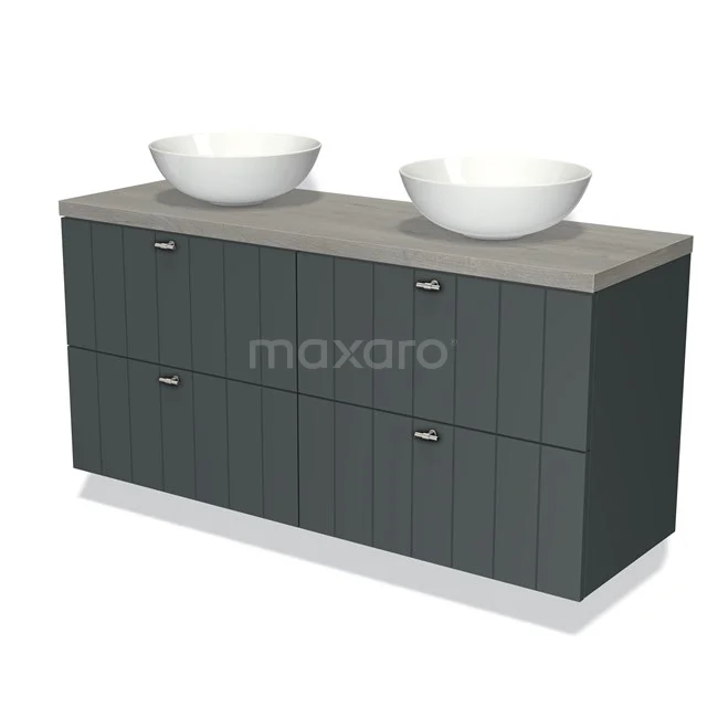 Grijs eiken badkamermeubel met dubbele witte waskommen, modern design en verticale ribstructuur.