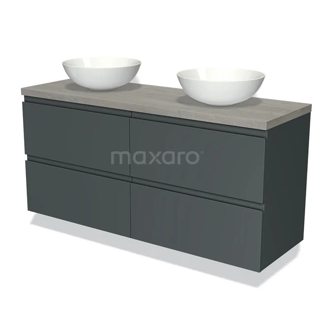 Dark grey bathroom furniture set with wooden worktop and two white countertop wash basins, modern design, ideal for double basin arrangement.