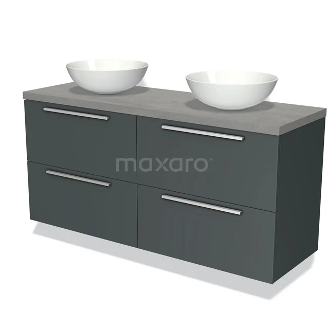 Donkergrijze badkamermeubelset met dubbele waskommen en vier laden, modern design met chromen handgrepen.