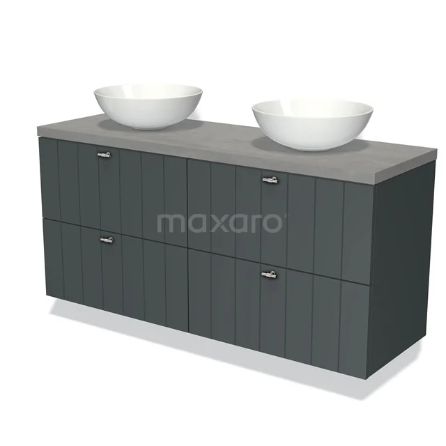 Donkergrijze badkamermeubelset met houtnerflook, dubbele waskommen en opberglades, modern design.