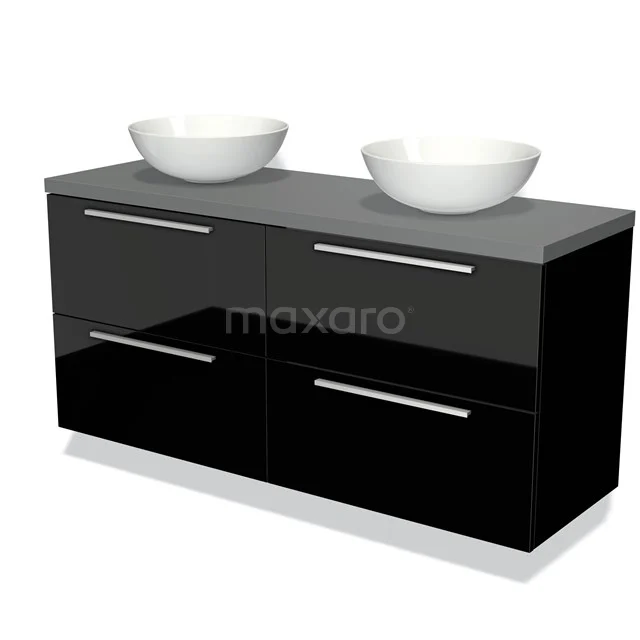 Zwart glanzend badkamermeubel met twee witte waskommen, modern design met vier lades en chromen grepen, perfect voor elke badkamer.