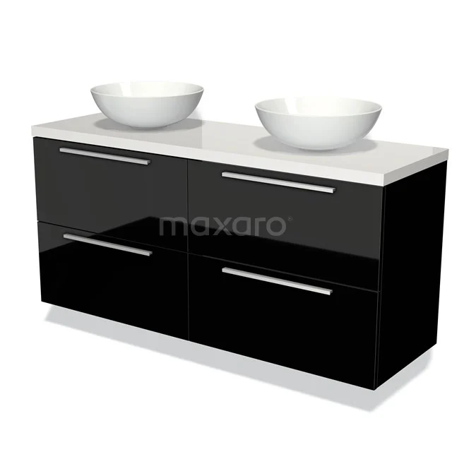Schwarz-weiße Badmöbelset mit doppelten Aufsatzwaschbecken und glänzender Oberfläche, ideal für einen modernen Badezimmerraum.