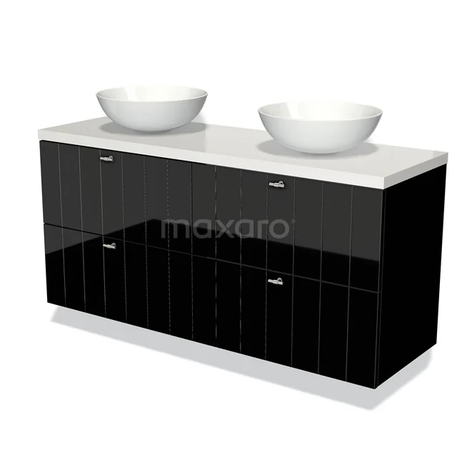 Schwarz glänzendes Badmöbel mit Doppelwaschbecken, minimalistisches Design und keramischen Aufsatzwaschbecken, ideal für moderne Bäder.