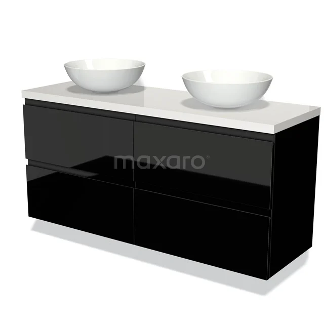 Zwart glanzend badkamermeubel met dubbele waskom en wit blad, modern design met vier lades voor een strakke badkamerlook.