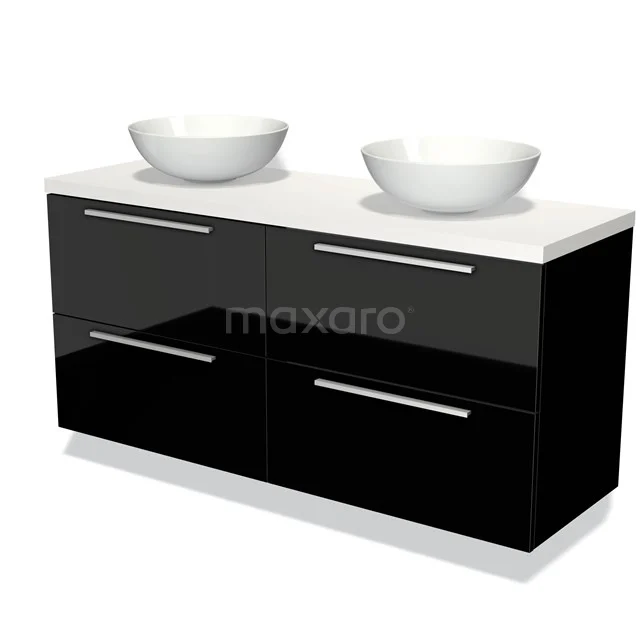 Zwart hoogglans badkamermeubel met dubbele witte waskom, modern design en softclose lades voor een stijlvolle badkamer.