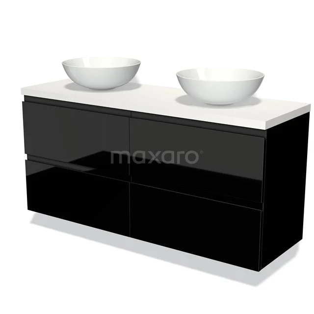 Zwarte dubbele wastafelmeubel met hoogglans afwerking, keramische waskommen en moderne design perfect voor elke badkamerstijl.