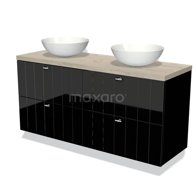 Black bathroom furniture set with wooden worktop, double round countertop wash basins and modern glossy finish.