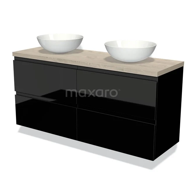 Zwarte badkamermeubelset met hoogglans lades, houten blad en twee witte ronde waskommen, modern design.