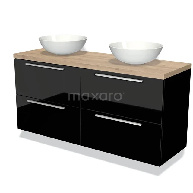 Schwarz Hochglanz-Badmöbel mit Holzlook Platte und zwei runden Waschbecken, modernes Design für ein stilvolles Badezimmer.