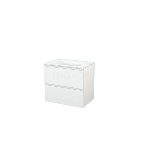 Modulo+ Vanity units with basin | 70 cm High-gloss white Handle-less front Glass 2 Stacked drawers BMP002520 White bathroom cabinet with two drawers, sleek design, ideal for maximum storage, suitable for modern bathrooms.