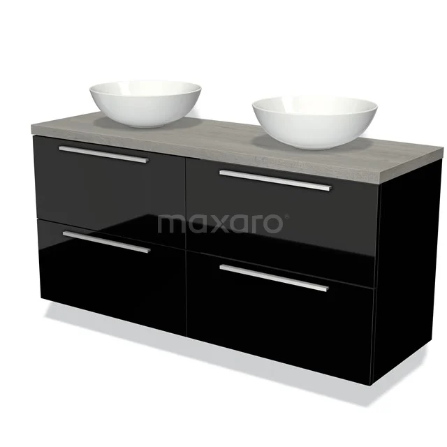 Zwarte glanzende badkamermeubelset met twee waskommen en grijs blad, modern design met vier lades en chromen handgrepen.